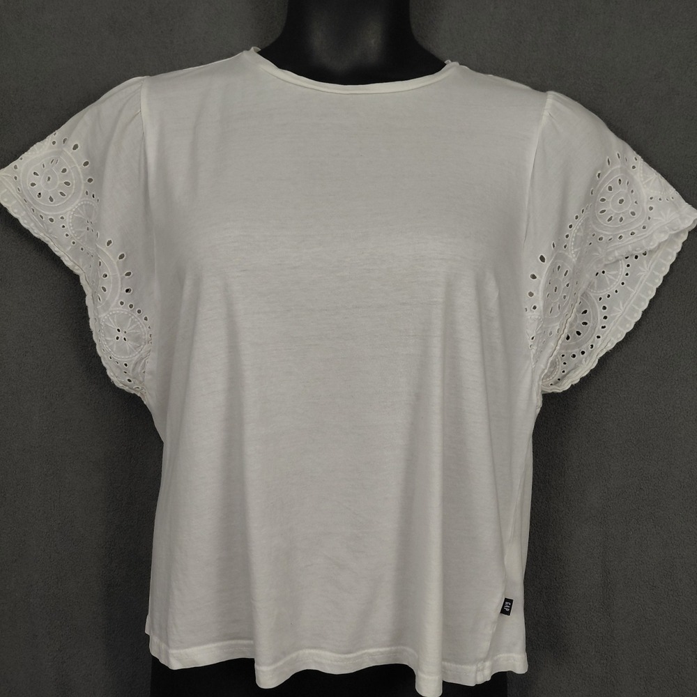 Gap Womens XL White Eyelet Lace Flutter Sleeve Jersey Crew Neck T-Shirt Boho Top - Picture 3 of 13